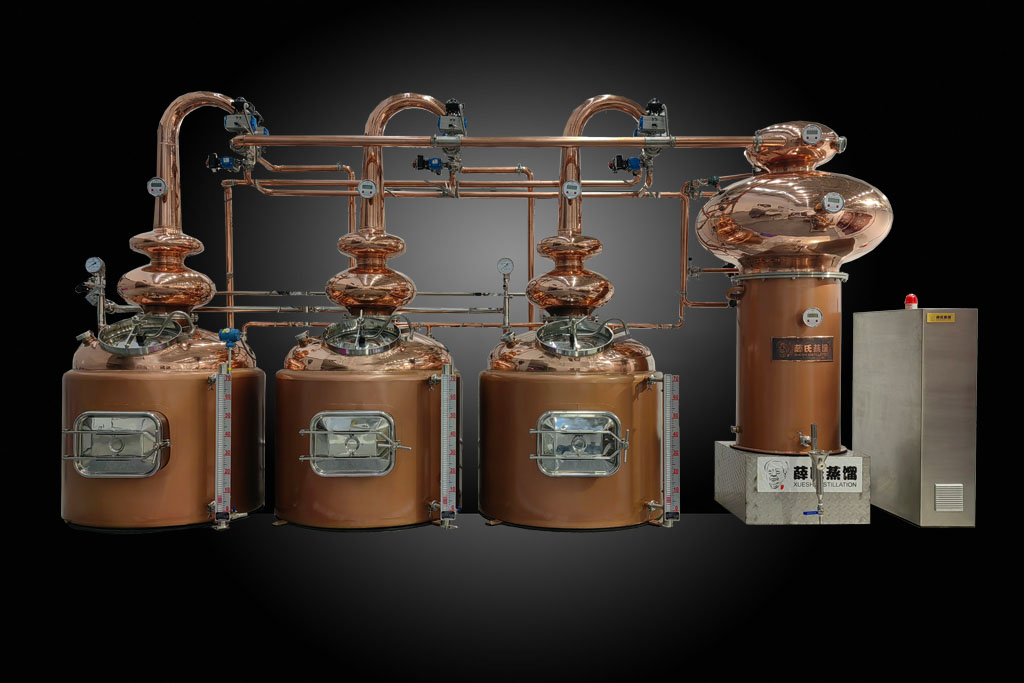 A continuous multi pot still distiller composed of three pot stills, one heat exchanger and pipelines all made of red copper