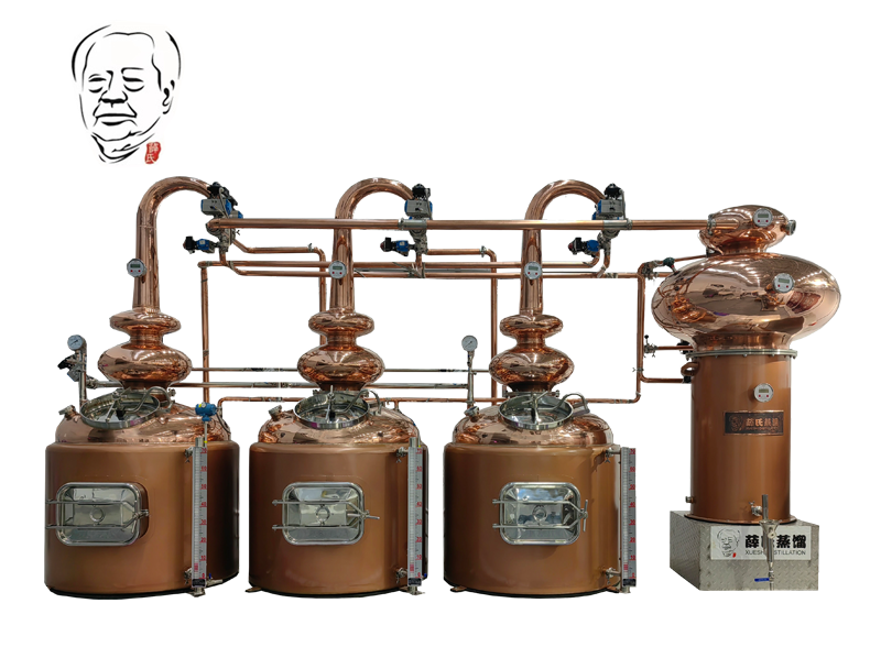 A continuous multi pot still distiller composed of three pot stills, one heat exchanger and pipelines all made of red copper