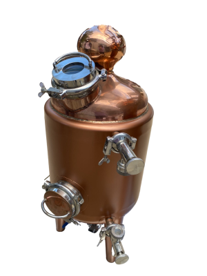 a distiller pot made of red copper and installed with sight glass, manhole, outlets and onion head