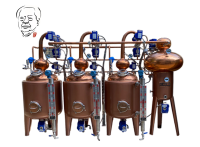 Three pot stills and one heat exchanger connected with pipeline and electric valves for automatic control
